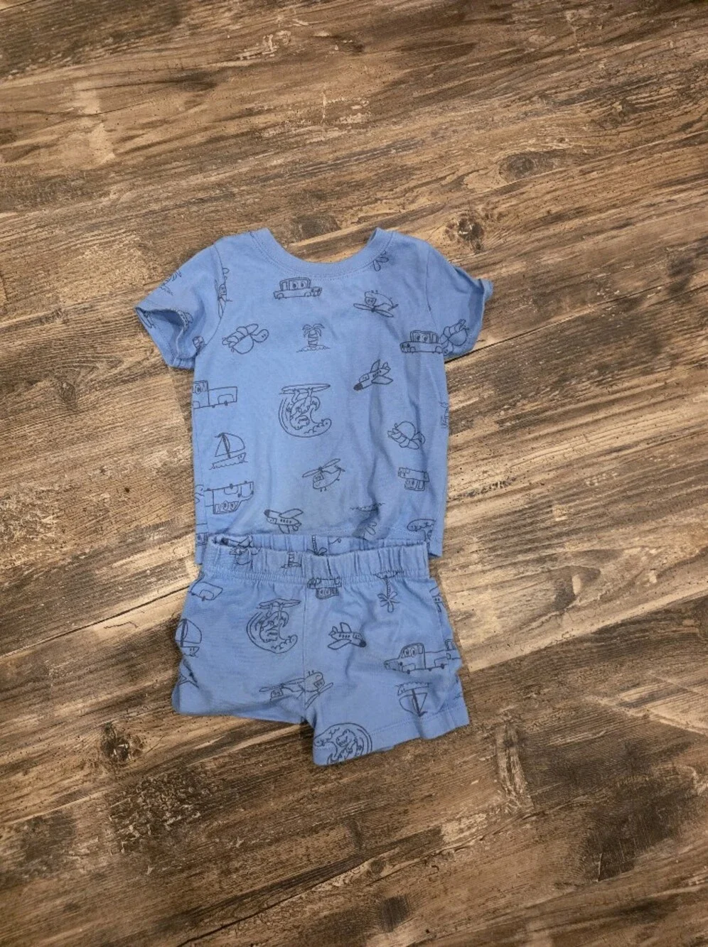 Light Blue Short Sleeve Kids Pajama Set with Navy Transport Print